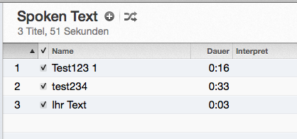 Trackliste mit den Text-to-Speech Aufnahmen